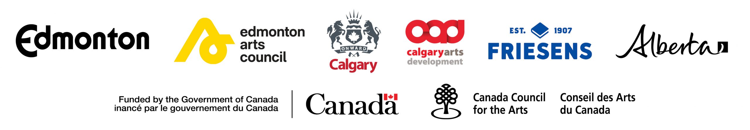 Logos for the City of Edmonton, Edmonton Arts Council, City of Calgary, Calgary Arts Development, Friesens, Government of Alberta, Government of Canada, and Canada Council for the Arts.